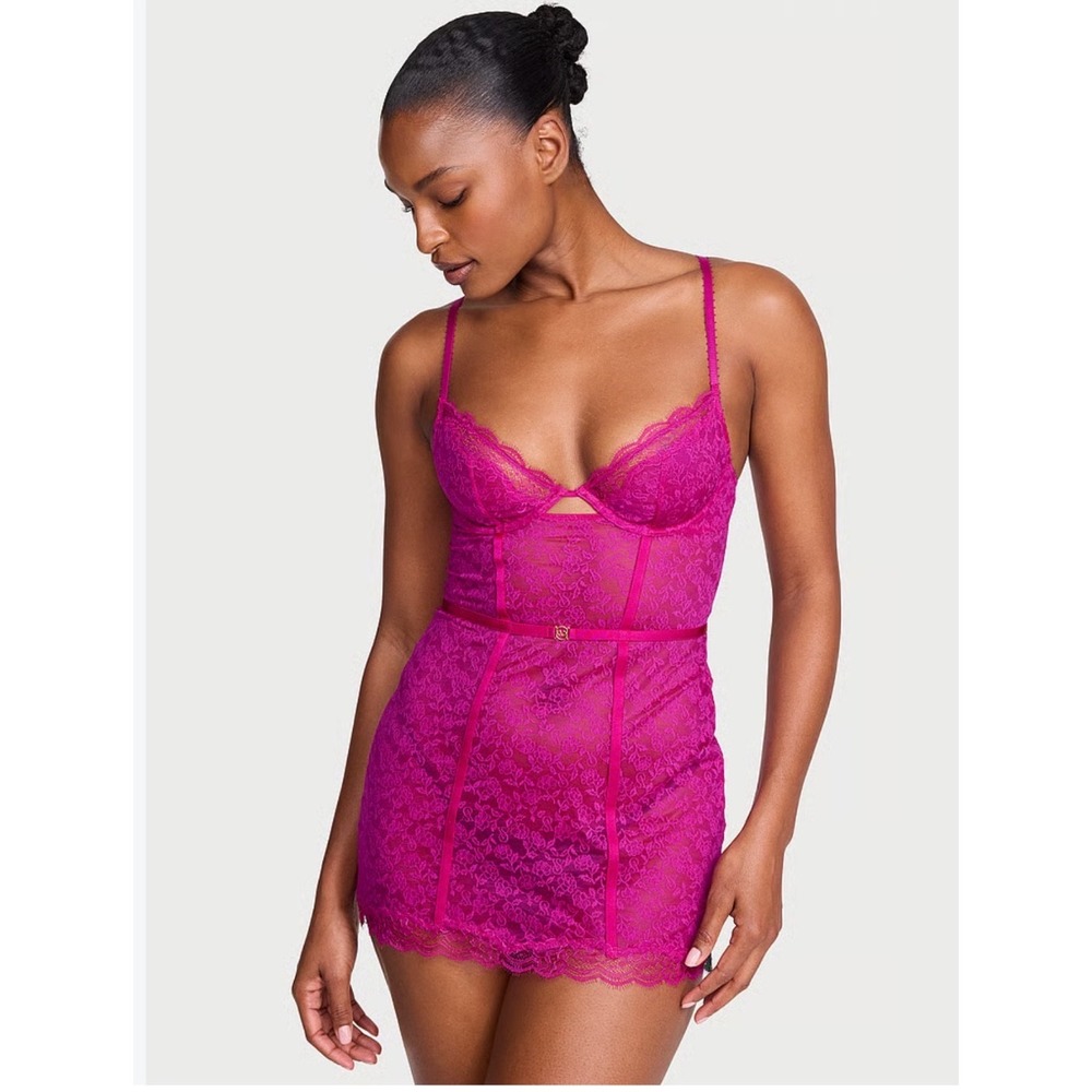 NEW Victoria's Secret Tease Lace Cupped Mini Slip Dress Berrylicious Pink Large